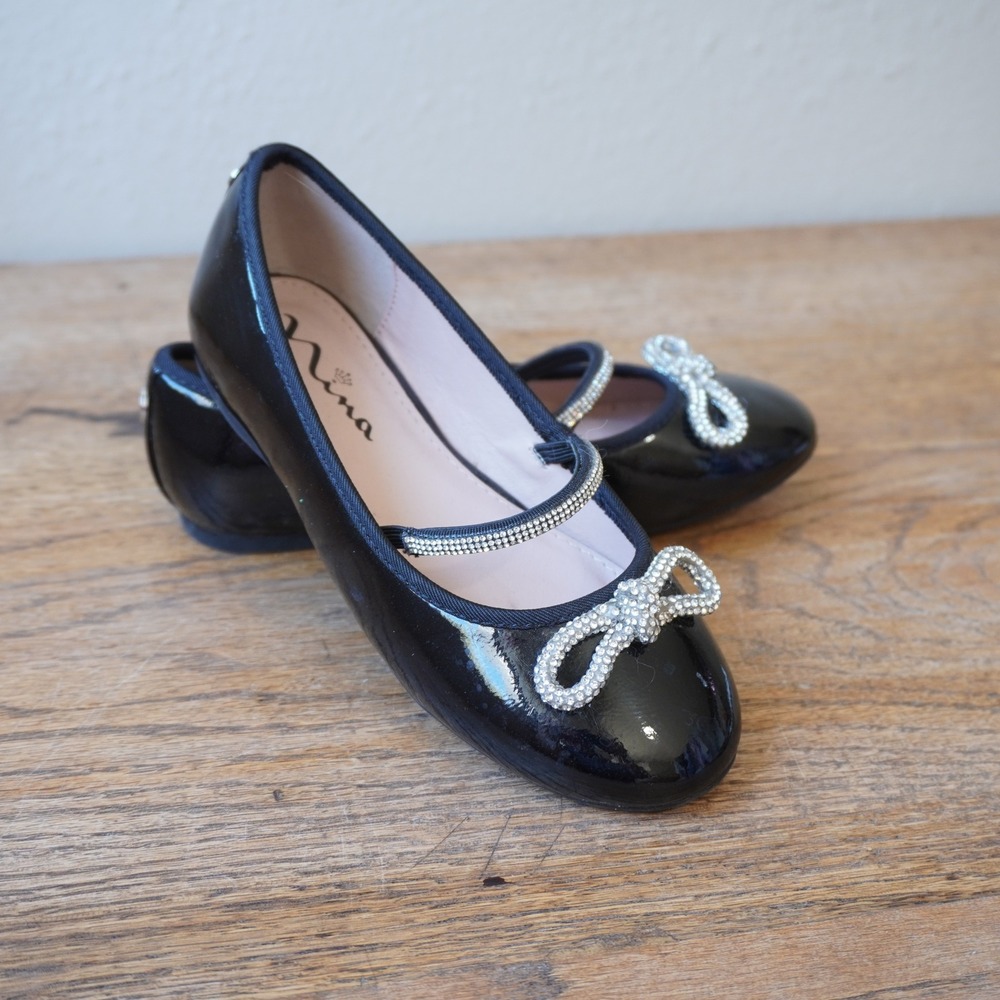 Nina Kids Size 12M Black Patent Leather Ballet Flats Rhinestone Bow Mary Jane